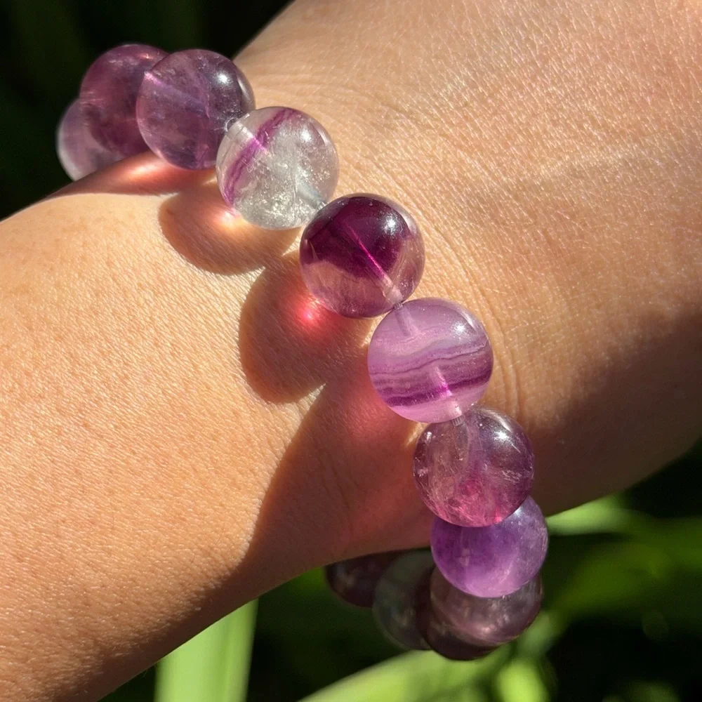 14mm 8 inches stretchable purple banded fluorite‎ bracelet 0758